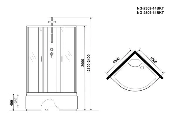 Душевая кабина Niagara NG-2509-14BKT 1000х1000х2100-2400 высокий поддон 40см стекло тонированное