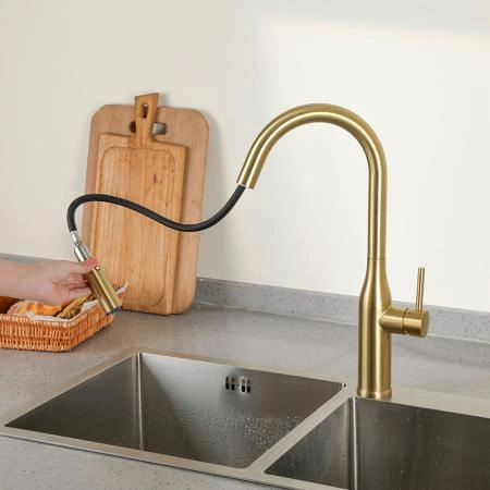 Смеситель GAPPO G4398-43 для кухни с выдвижным изливом и режимом душ, золотой сатин