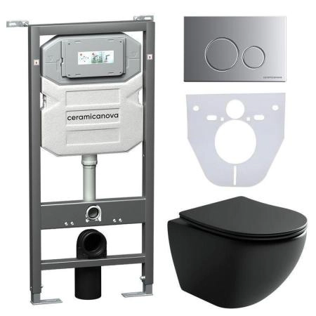 Сет 4 в 1: Подвесной унитаз Metropol Rimless арт. CN4002MB + Шумоизоляционная панель для инсталляции арт. CN1000 + Система инсталляции для унитазов CERAMICANOVA Envision с кнопкой смыва Round цвет хром матовый и креплениями, арт. CN1001M