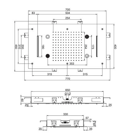 Carlo Frattini Wellness Верхний душ Harmonia 700x400 мм., встраиваемый, 2 режима: дождь, 2 каскада; Bluetooth, хромотерапия LED, цвет: хром