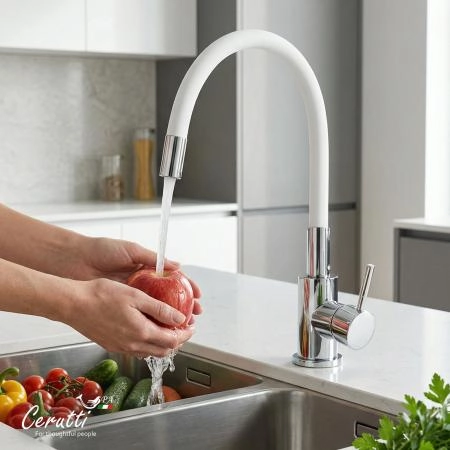 Cмеситель для кухни CeruttiSPA АТЭНА H-W (ATENA H-W) из нержавеющей стали, цвет хром, излив белый