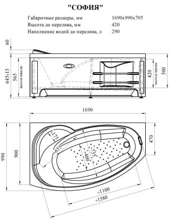 Акриловая ванна София 169х99 (левосторонняя), каркас