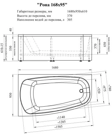 Ванна акриловая "РОНА 148х80" (левое исполнение), рама-подставка, фронтально-торцевая панель, слив-перелив автомат с сеточкой (золото, с сифоном)