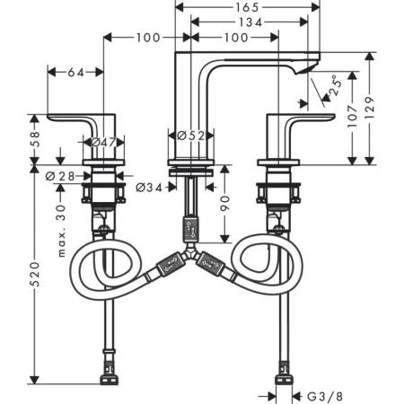 Смеситель Hansgrohe 72530000 Rebris S для раковины 107 мм, на 3 отв., Кер. 90°, со слив. Гарн хром