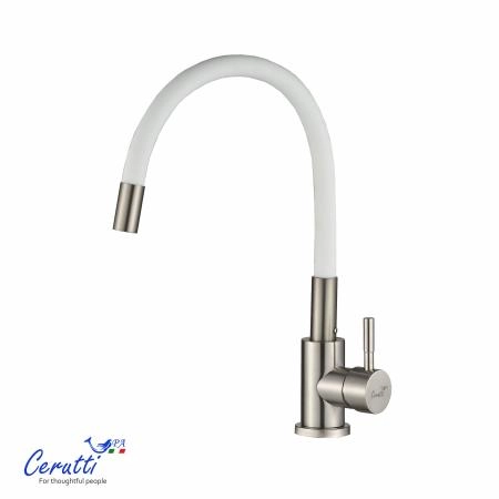 Cмеситель для кухни Ceruttispa Атэна BN-W (ATENA BN-W) из нержавеющей стали, цвет матовый никель, излив белый