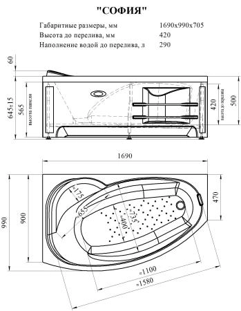 Акриловая ванна София 169х99 (левосторонняя), каркас