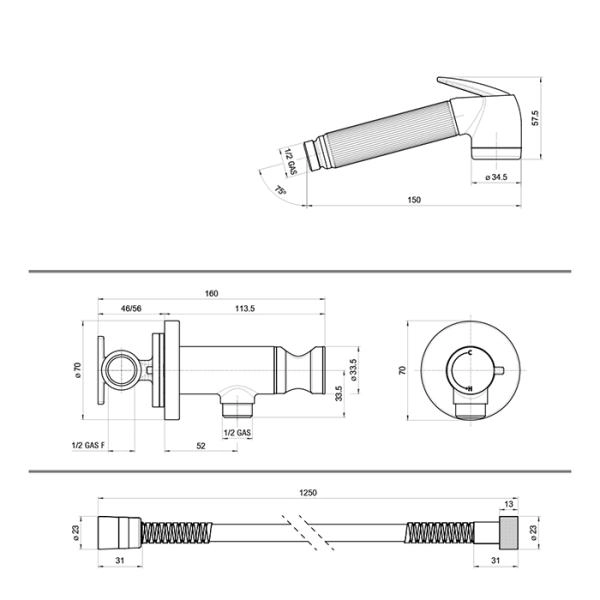 BOSSINI NIKITA Гигиенический душ с прогрессивным смесителем, лейка металлическая, шланг металлический, цвет: Gold PVD