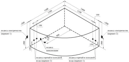 Акриловая ванна Сандра 149х149, фронтальная панель, каркас, слив-перелив автомат с сеточкой (хром, с сифоном)