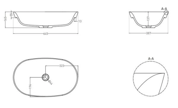 Раковина Salini MAREA 01 S-Stone матовая 65x39 1802201M полувстраиваемая
