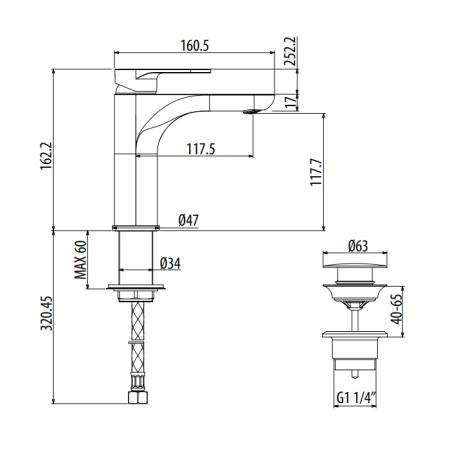 Gattoni H2Omix7000 Смеситель для раковины, на 1 отв., с донным клапаном, излив 117.5 мм, цвет: хром