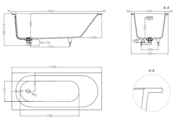 Ванна Salini ORNELLA 170х70 KIT покраска по RAL полностью S-Sense матовая 102413MF