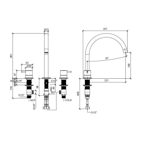 Almar Mixers Смеситель для раковины, 3 отв., без донного клапана, цвет: черный металл брашированный PVD