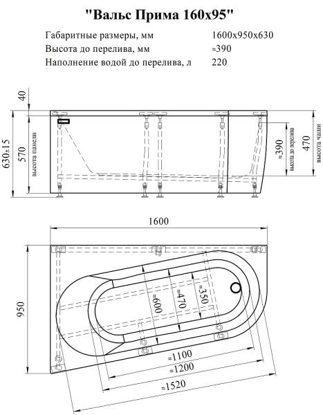 Ванна акриловая "ВАЛЬС ПРИМА 160х95" (правое исполнение), рама-подставка, фронтально-торцевая панель, слив-перелив автомат с сеточкой (бронза, с сифоном)