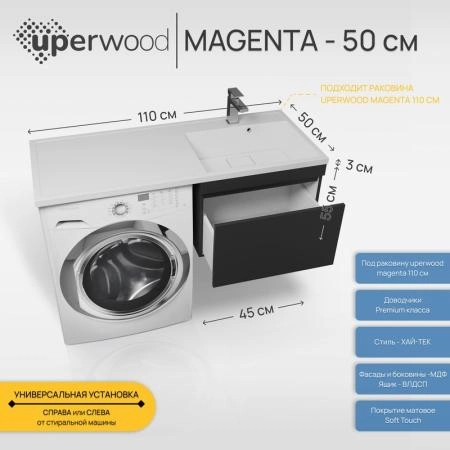 Тумба под стиральную машину Uperwood Magenta, 50 см, подвесная, черная, выдвижной ящик