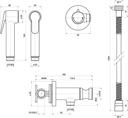 Гигиенический душ Bossini Paloma Brass E37005B.043 со смесителем, сатинированное золото