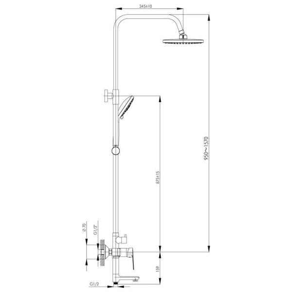 Смеситель Rossinka S35-46 для ванны и душа с регулируемой высотой штанги и лейкой "Тропический дождь"