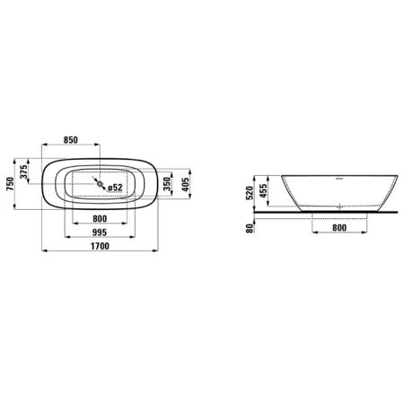 Laufen INO Ванна 1700х750х520мм, свободностоящая, с слив-переливом,  материал: Sentec solid surface, цвет: белый (СПЕЦЕНА с нашего склада!)