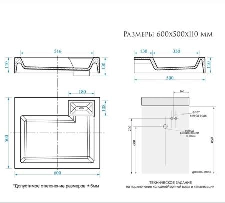 Раковина над стиральной машиной Uperwood Vission, 60*50 см, белая глянцевая