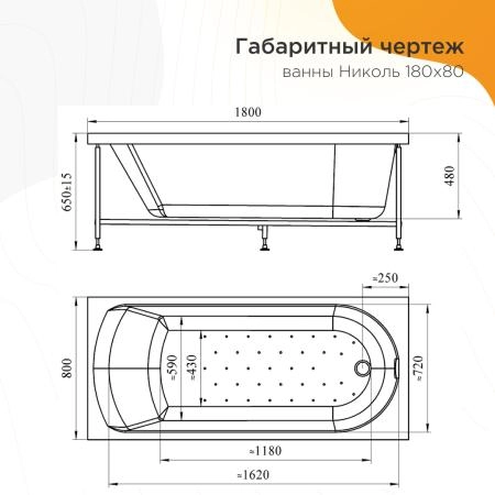 Акриловая ванна Николь 180х80, фронтальная панель, каркас (разборный)