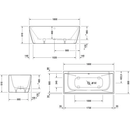 Duravit Vitrium Ванна пристенная 180x80см, с ножками, с2 наклонами для спины, прямоугольная, цвет: аквамарин матовый