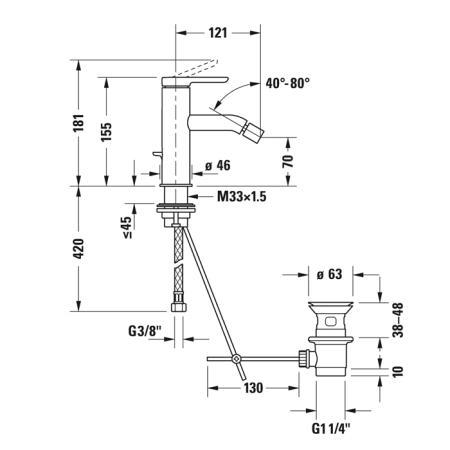 Duravit C.1 Смеситель для биде, 1 отв., с донным клапаном, излив 121мм, цвет: хром