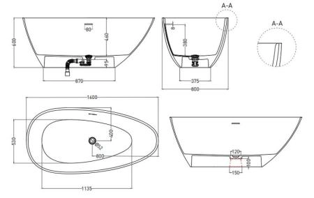 Ванна Salini PAOLA 160х80 S-Stone матовая 1015203M