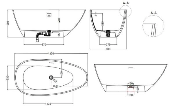 Ванна Salini PAOLA 160х80 S-Stone матовая 1015203M