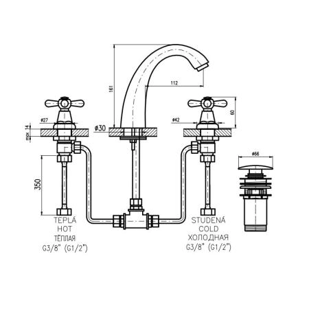 Смеситель Rav Slezak MORAVA RETRO MK133.5Z для раковины, цвет Золото на 3 отверстия, слив click-claсk