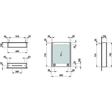 Laufen Frame 25 шкаф зеркальный 60x15x75cм., алюминий, 1 дверца с зеркалом с 2х сторон, SX, сенс. выкл., 2 розетки, 2 верт-х эл-та LED-подсветки (регул-ая яркость), с окружающим освещением (внизу)
