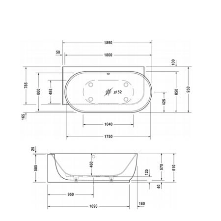 Duravit Luv Ванна пристенная 185x95см, из минерального литья, угол слева, с панелью и ножками, цвет: белый