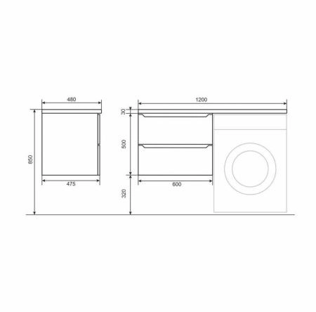 Тумба под стиральную машину Uperwood Tanos 60 см подвесная с раковиной Cosmos 120 см левая, белая