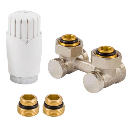 Schlosser Комплект узел нижнего подключения угловой, никелированный G 3/4 x 3/4 D=50 мм с термоголовкой M30x1,5 + 2 Ниппеля 1/2x3/4