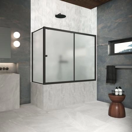 Шторка на ванную Vegas-glass ZV+ZVF Protec 150*90 02М 10, профиль черный матовый, стекло сатин