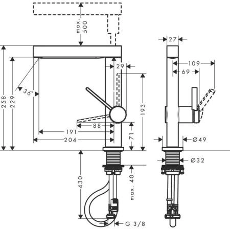 Смеситель Hansgrohe 76063000 Finoris для раковины 229 мм, PushOpen, выдвижной Г излив, 2 режима хром