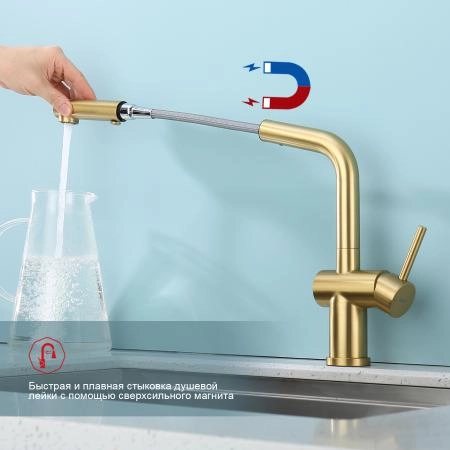 Смеситель RAGLO R86.49.03, с выдвижным изливом, золотой сатин