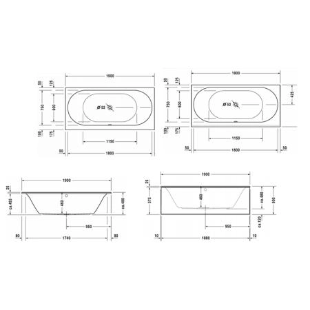 Duravit Darling New  Ванна 190х90x60см, акриловая, прямоугольная встраиваемая или с панелями,с 2 наклонами для спины, цвет: белый