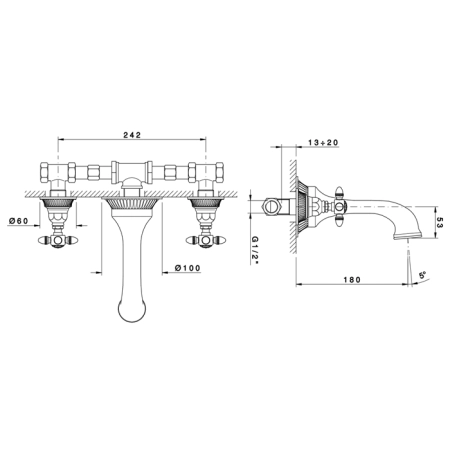 Nicolazzi Impero Смеситель для раковины настенный на 3 отверстия, излив: 180 мм, цвет: хром