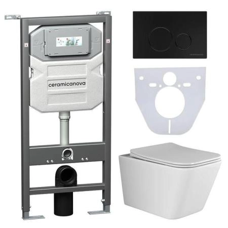 Сет 4 в 1: Подвесной унитаз Metric Rimless арт. CN3007 + Шумоизоляционная панель для инсталляции арт. CN1000 + Система инсталляции для унитазов CERAMICANOVA Envision с кнопкой смыва Round цвет черный матовый и креплениями, арт. CN1001B