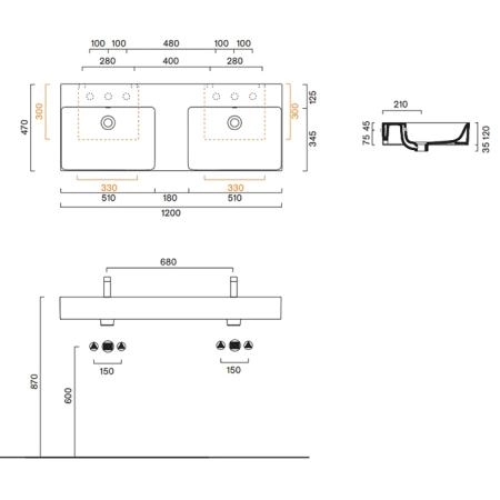 Catalano Premium Раковина 120x47см двойная, с 2 отв., цвет: белый глянцевый