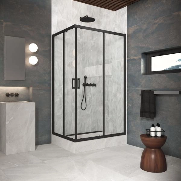 Душевой уголок Vegas-glass ZA-F Protec 110*100 02М 01, профиль черный матовый, стекло прозрачное