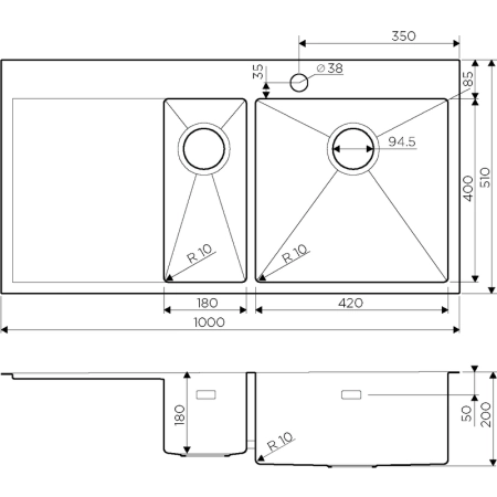 Кухонная мойка Omoikiri Akisame 100-2-IN-R 4973547, 1000*510, нержавеющая сталь