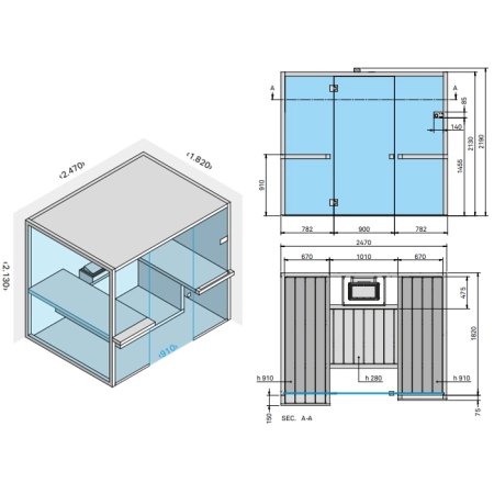 Effegibi Air 105 Corner Сауна 247x182x213см, угловая DX, цвет: осина натуральная