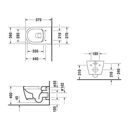 Duravit Me by Starck Унитаз 57х37см., подвесной, Rimless, Durafix, WonderGliss, цвет: белый