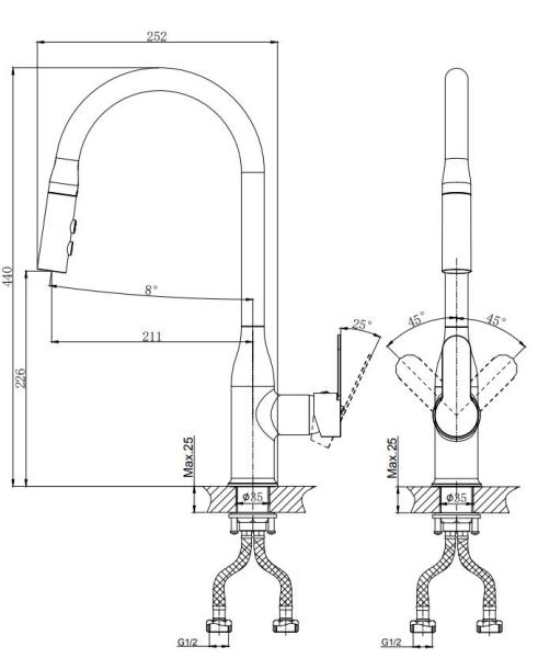 Смеситель для кухни RUSH Tenerife с поворотным изливом и вытяжной лейкой (TE2835-24)
