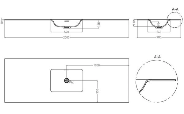 Раковина Salini ONDA FLOW SQUARE S-Stone матовая 200x70 1402206MN столешница без отв.смесителя