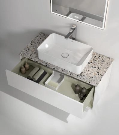 Тумба Plaza Modern/Плаза Модерн подвесная 100, нажимное открывание, 1 ящик, подсветка, белая матовая+шалфей