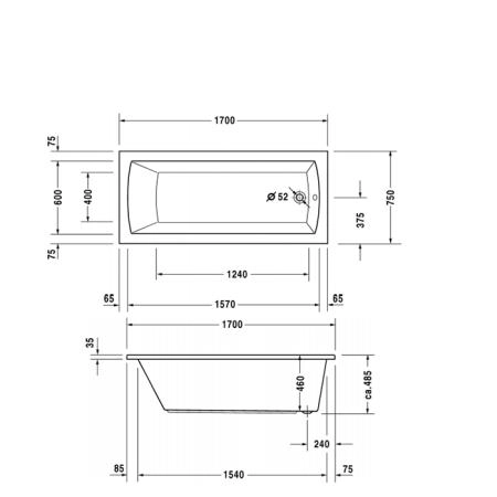 Duravit Daro  Ванна 170х75х46см, акриловая, прямоугольная встраиваемая ,с наклоном для спины , цвет: белый