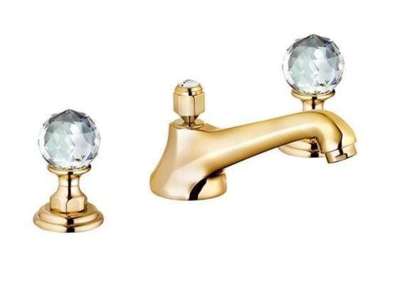 Смеситель Kludi Adlon 5104645G4 для раковины, на 3 отверстия, низкий излив, ручки хрусталь, цвет золото 23 карата