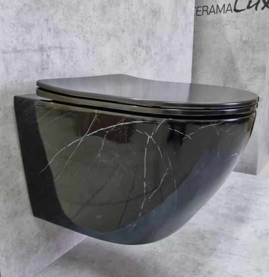 Унитаз Ceramalux 2212BM подвесной безободковый сиденье микролифт черный мрамор 490x370x360