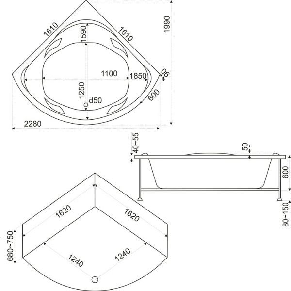 Ванна Bas Ривьера 161x161 без гидромассажа